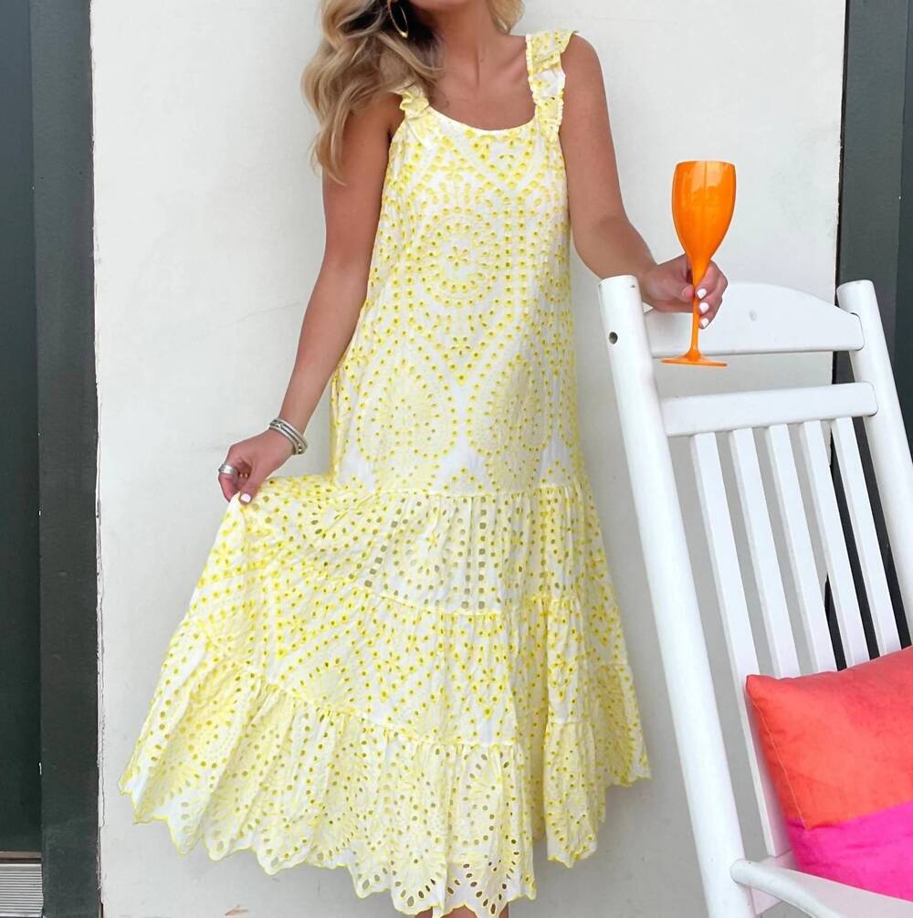 NEW MARLO lemon and lace midi dress in yellow